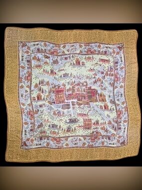 Vintage 100% Silk Salvatore Ferragamo Scarf with Landscape Motif 53.5”x 54.5”